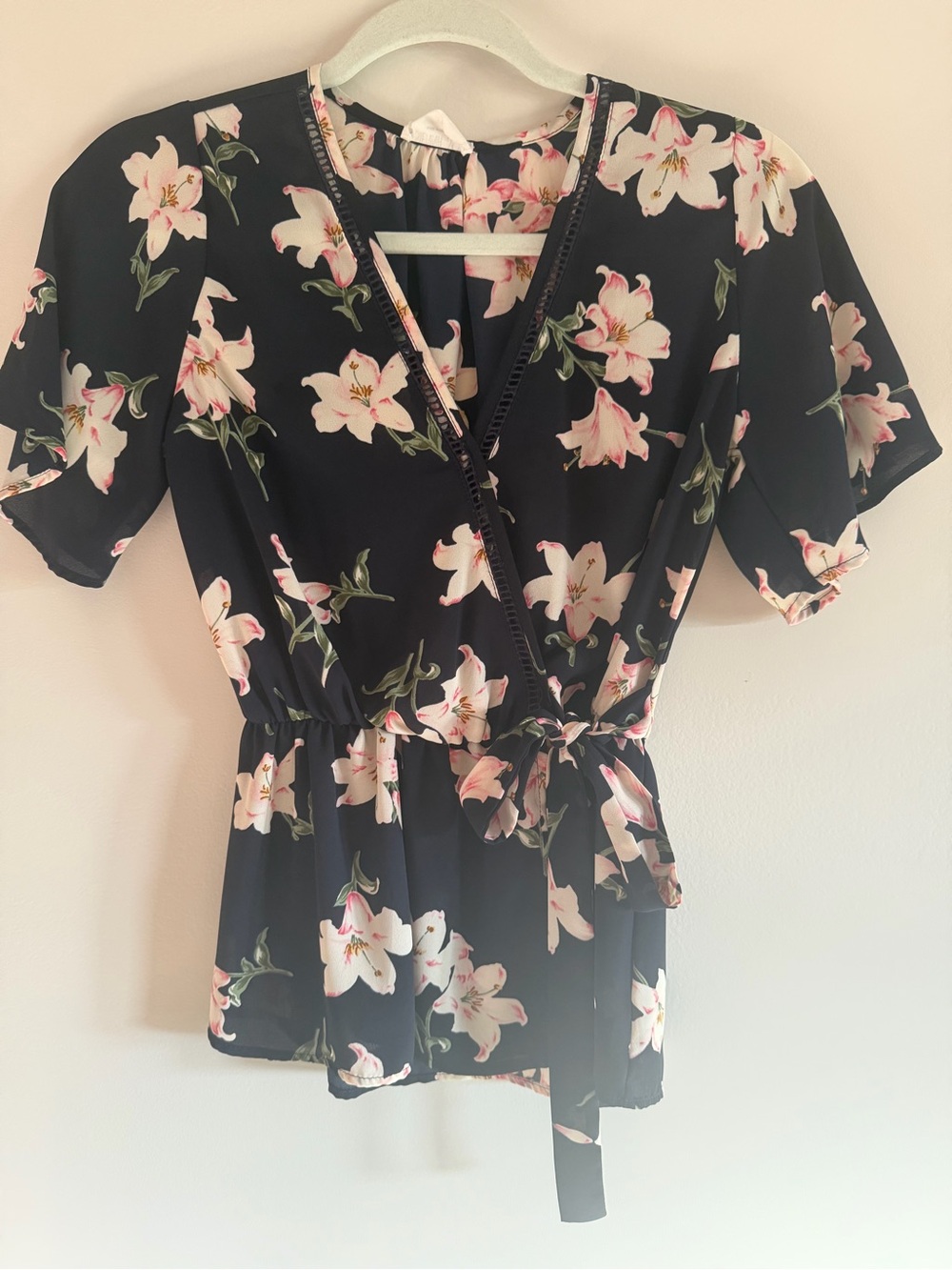 Sienna Sky Black Floral Wrap Top with Pink Blossoms